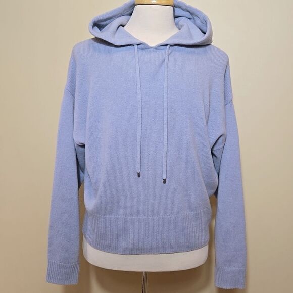 Frame Cashmere Hooded Sweater Pullover Powder Baby Blue Womens Size Large Ribbed - Picture 1 of 11